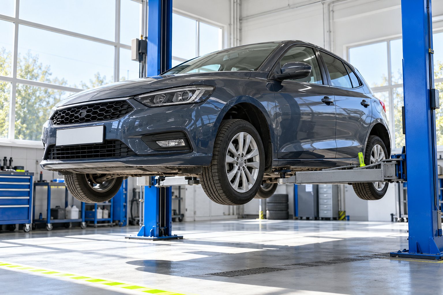 Иллюстрация: Подержанный автомобиль с целыми кузовными панелями стоит в светлой кузовной мастерской